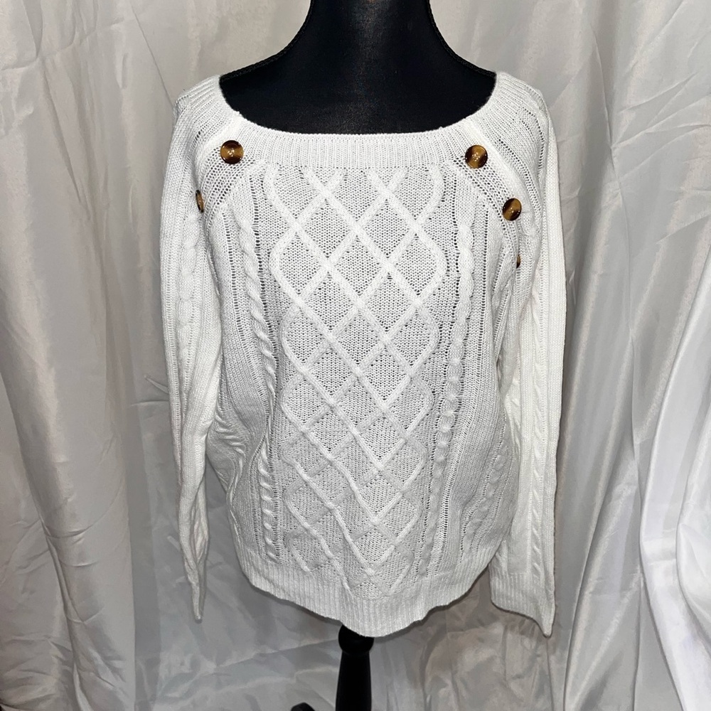 White Cable Knit Sweater with Button Accents